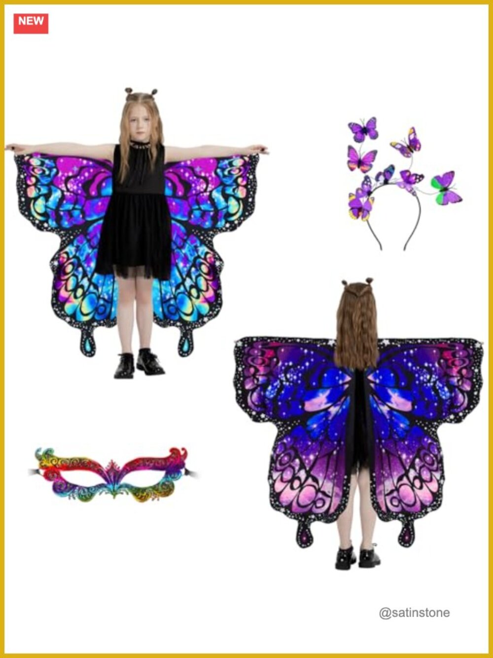 Girls Butterfly Fairy Wings Cape Costume Set 3PC Double Sided Dress Up